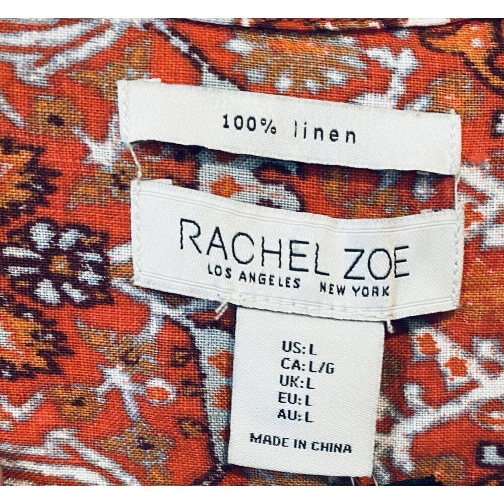 Rachel Zoe Top Womens Large Red Aztec Linen Button Up Boxy Boho Beachy Tribal - Picture 4 of 6